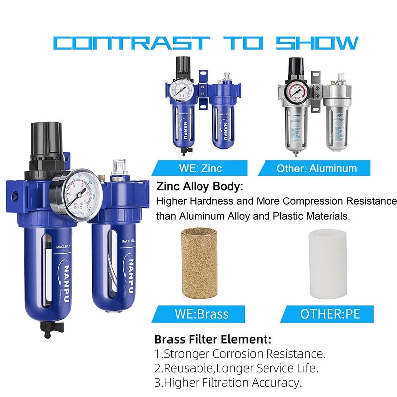 NANPU 1/4" NPT Compressed Air Filter Regulator Lubricator (FRL), Zinc Alloy, 5 Micron Brass Element, 0-150 psi Gauge, Quick Release Bowl, Manual Drain, Metal Bracket - Image 5